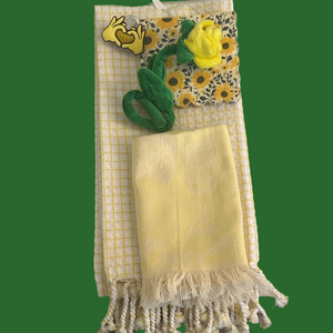 Happy Yellow Organic Waffle Woven Hand Towel Fish Towel Set Gift Set Bundle NEW